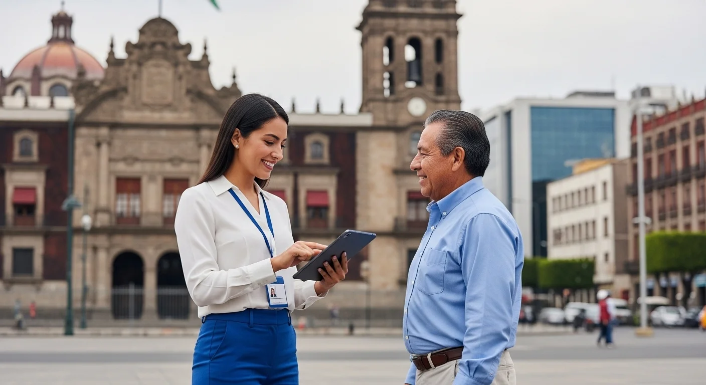 Funcionario municipal utilizando una tablet para verificar la Licencia Digital de un ciudadano frente a un palacio municipal en México.