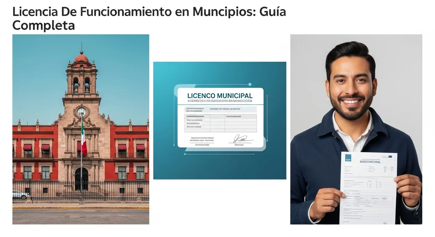 Collage de imágenes mostrando un palacio municipal mexicano, un documento de licencia de funcionamiento y un empresario sonriendo.