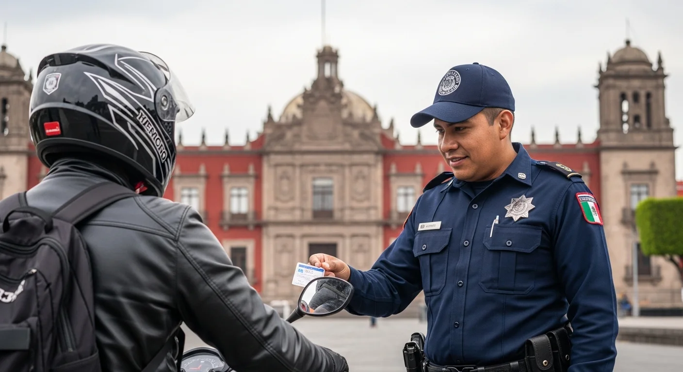 Un oficial de tránsito municipal revisando la licencia de motociclista a un conductor frente a un palacio municipal en México.