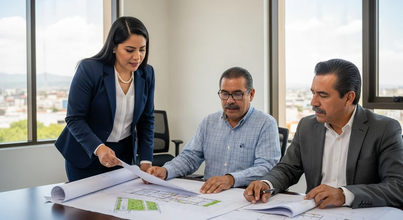 Mesa de trabajo de un comité de obras públicas de un ayuntamiento en México, revisando planos y documentos para una licitación de obra municipal.