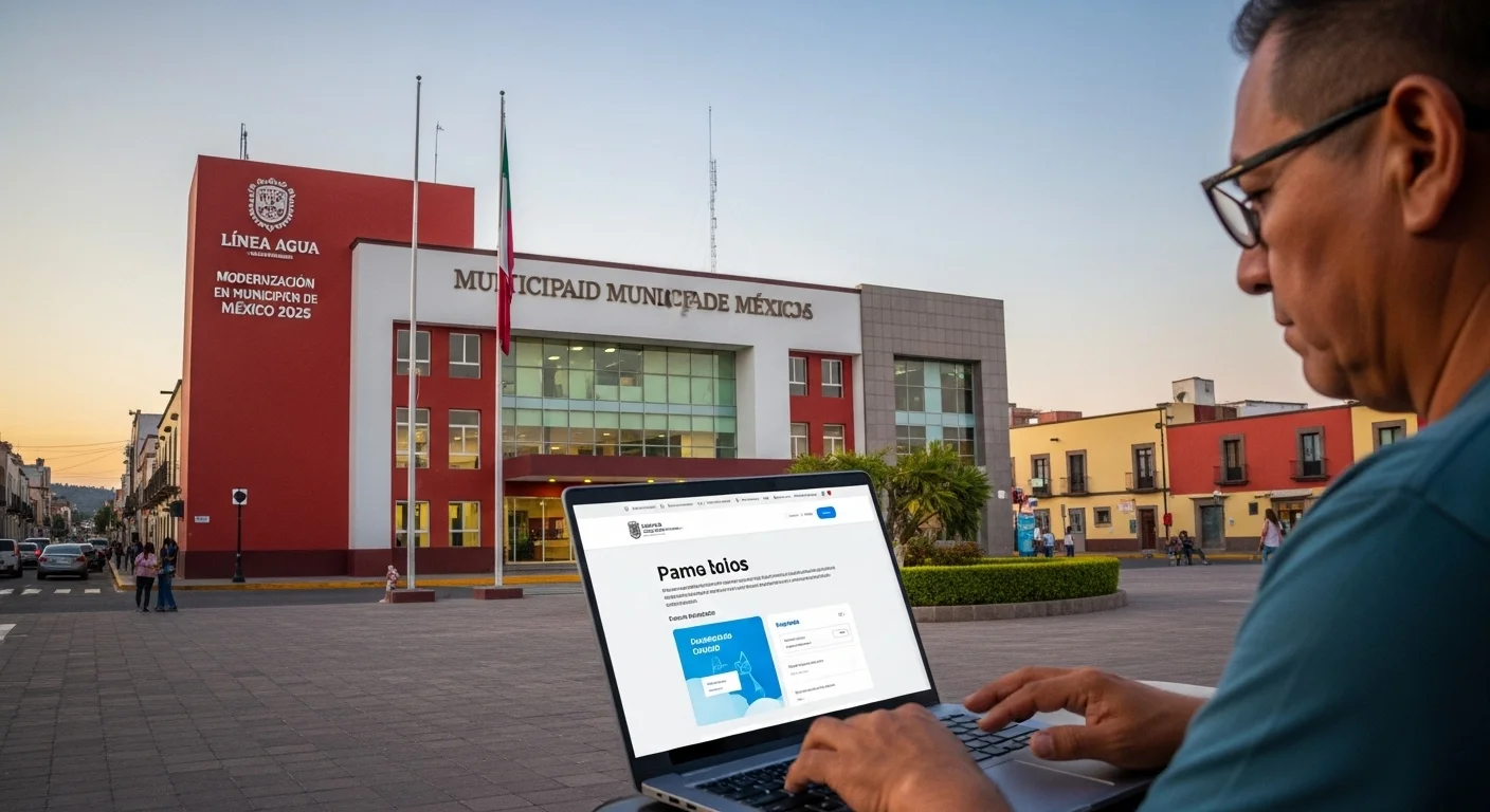 Ciudadano realizando el pago de agua en línea en un portal de un municipio mexicano, con el palacio municipal al fondo.