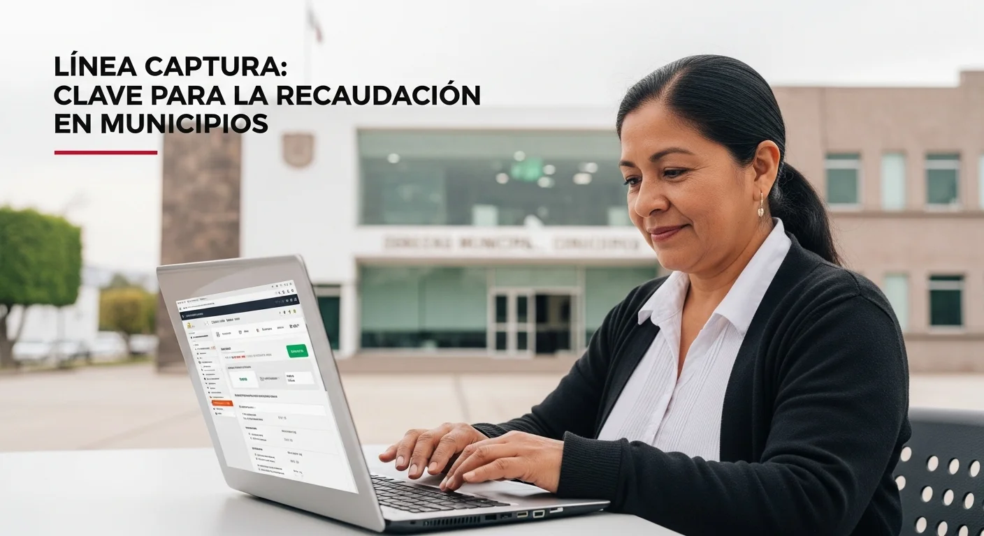Ciudadano utilizando una computadora portátil para generar y pagar la línea de captura de sus impuestos municipales en un portal de gobierno.