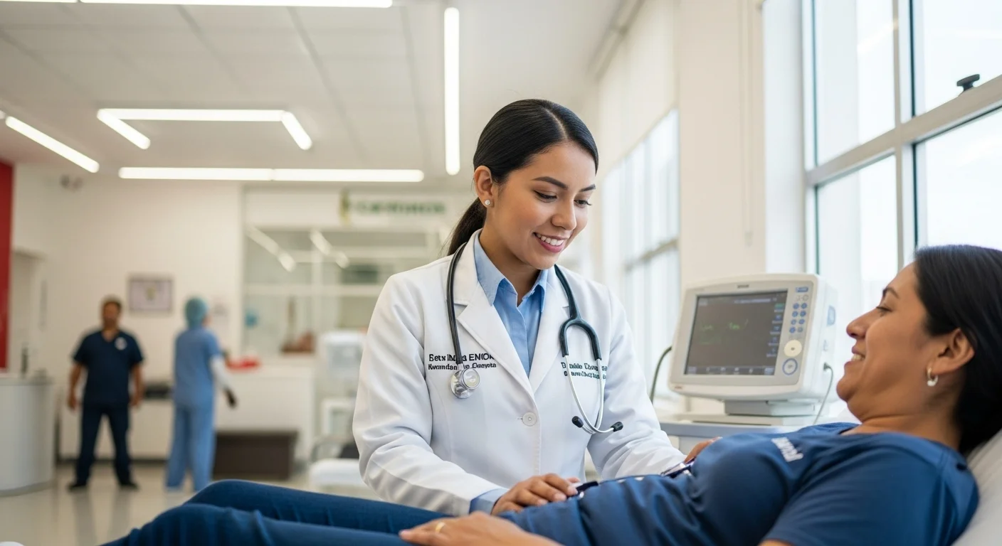 Una doctora examina a un paciente en un moderno y limpio centro de salud de un municipio mexicano.