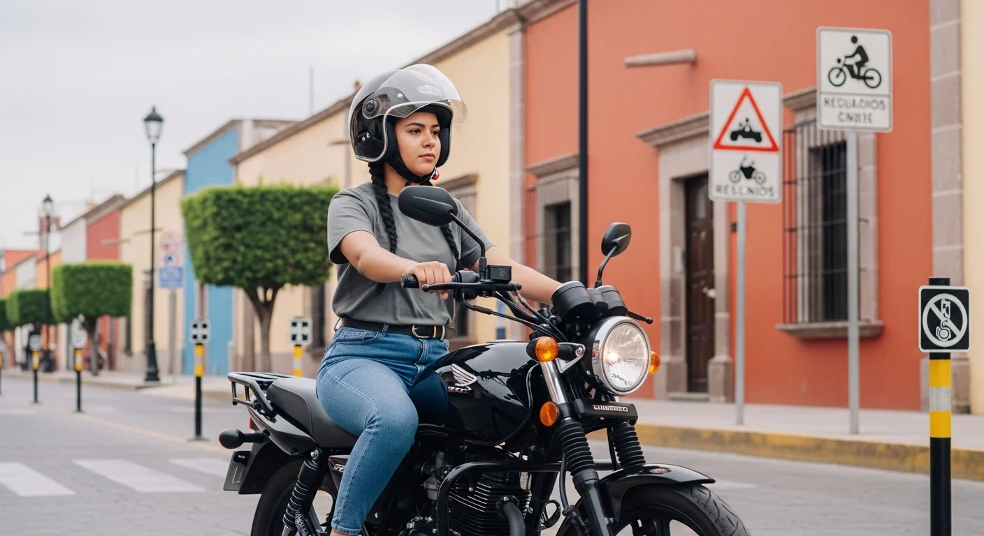 Motociclista con moto nueva y casco certificado, circulando en una calle de un municipio en México, reflejando el cumplimiento del nuevo reglamento de motos.