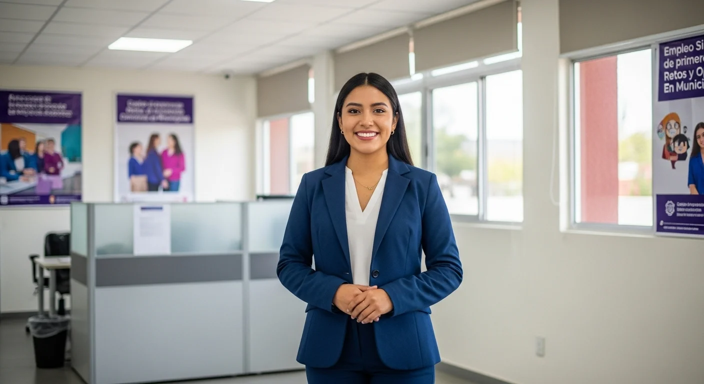 Mujer joven sonriendo en una oficina de un ayuntamiento, representando el éxito de los programas de primer empleo para mujeres sin experiencia.