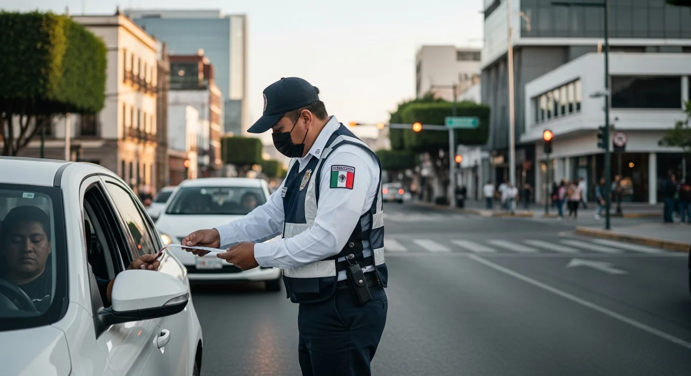 Un oficial de tránsito emitiendo una multa a un vehículo en una calle concurrida de un municipio mexicano, destacando la interacción entre la autoridad y los ciudadanos.