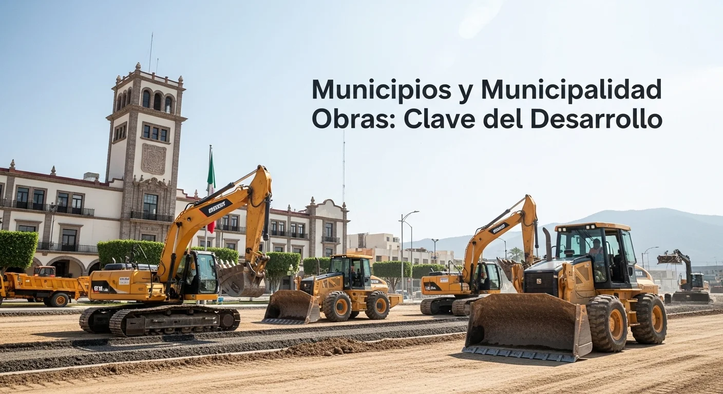 Maquinaria de construcción trabajando en una obra pública urbana en un municipio de México, con el ayuntamiento al fondo.
