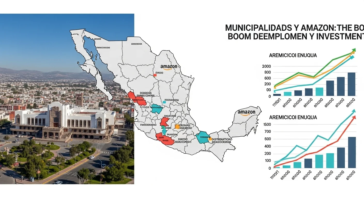 Un mapa de México destacando municipios clave con centros de distribución de Amazon y gráficos de crecimiento económico.