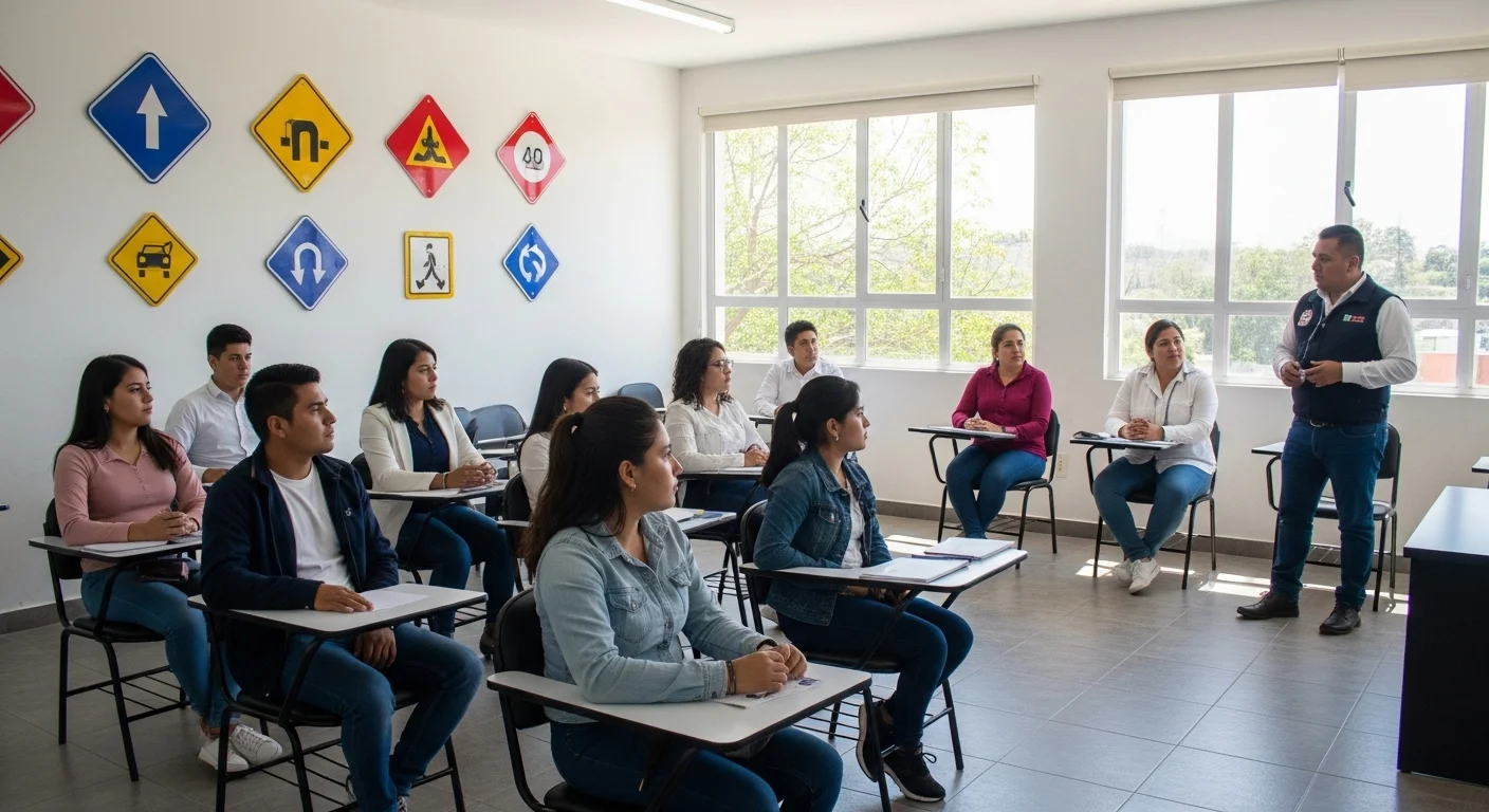 Aula de clases para el examen teórico de manejo con señalizaciones viales, organizado por un municipio mexicano para la obtención de la licencia.