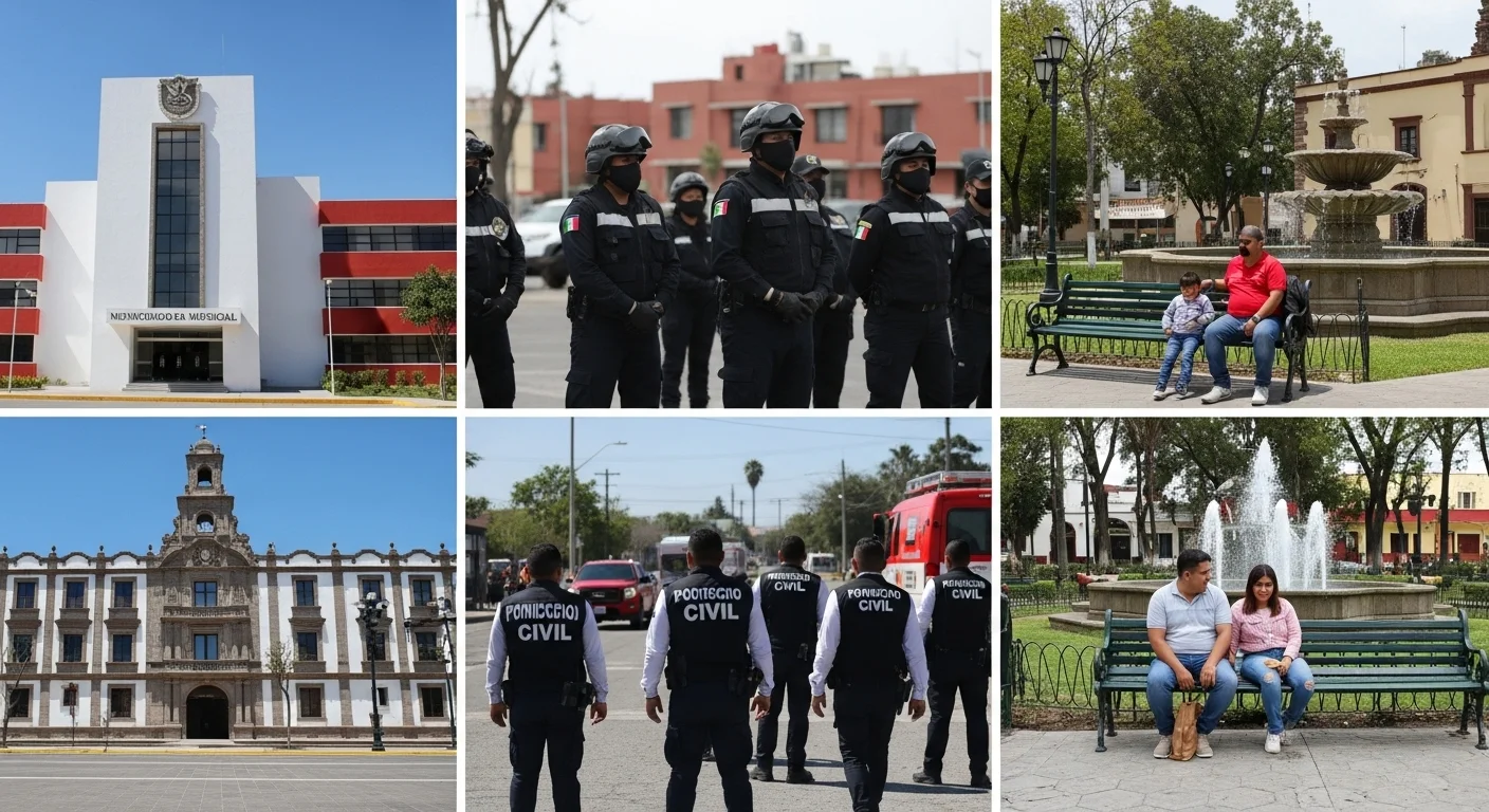 Collage de imágenes que representa a los municipios de México en 2024, mostrando un palacio municipal, personal de protección civil y una familia.