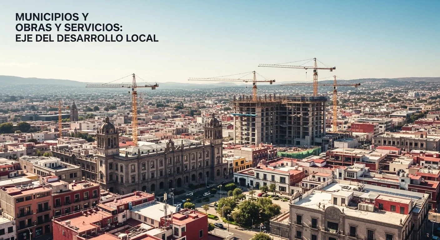 Panorama urbano de un municipio mexicano con grúas de construcción, simbolizando las obras y servicios públicos en desarrollo.