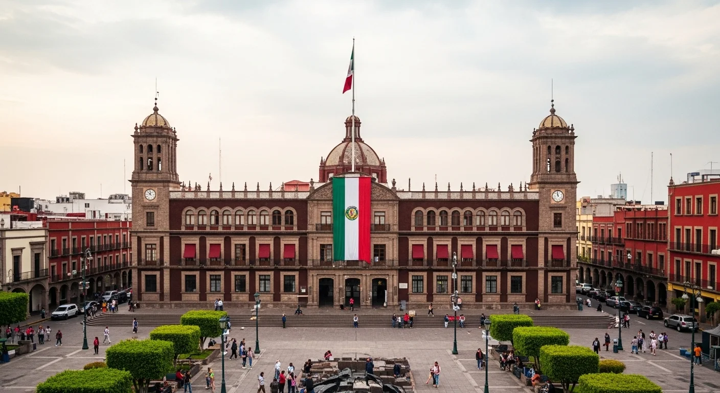 Palacio municipal de una ciudad mexicana con una plaza pública, simbolizando la gobernanza y los municipios de México en 2020.
