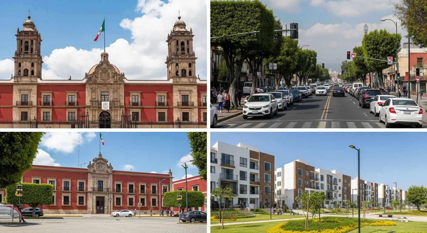 Collage de imágenes representativas de los municipios de México en 2024, mostrando un palacio municipal, una calle concurrida y una nueva construcción de viviendas.