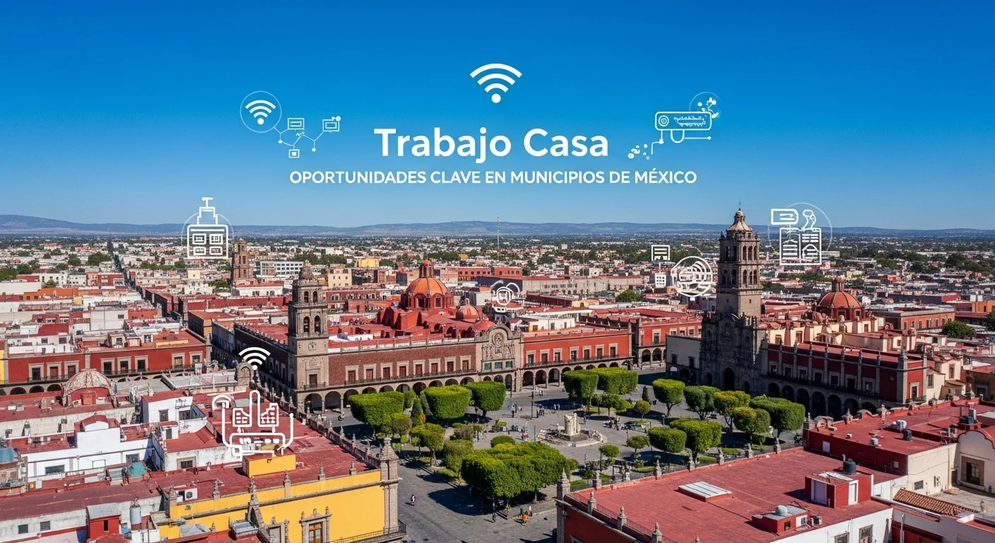 Vista panorámica de una ciudad colonial mexicana con iconos de tecnología superpuestos, simbolizando la unión entre la tradición municipal y el trabajo casa.