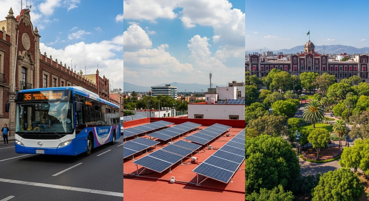Collage de imágenes que representan la sostenibilidad en municipios mexicanos, incluyendo un autobús de tránsito rápido, paneles solares en un techo y un parque urbano frondoso.
