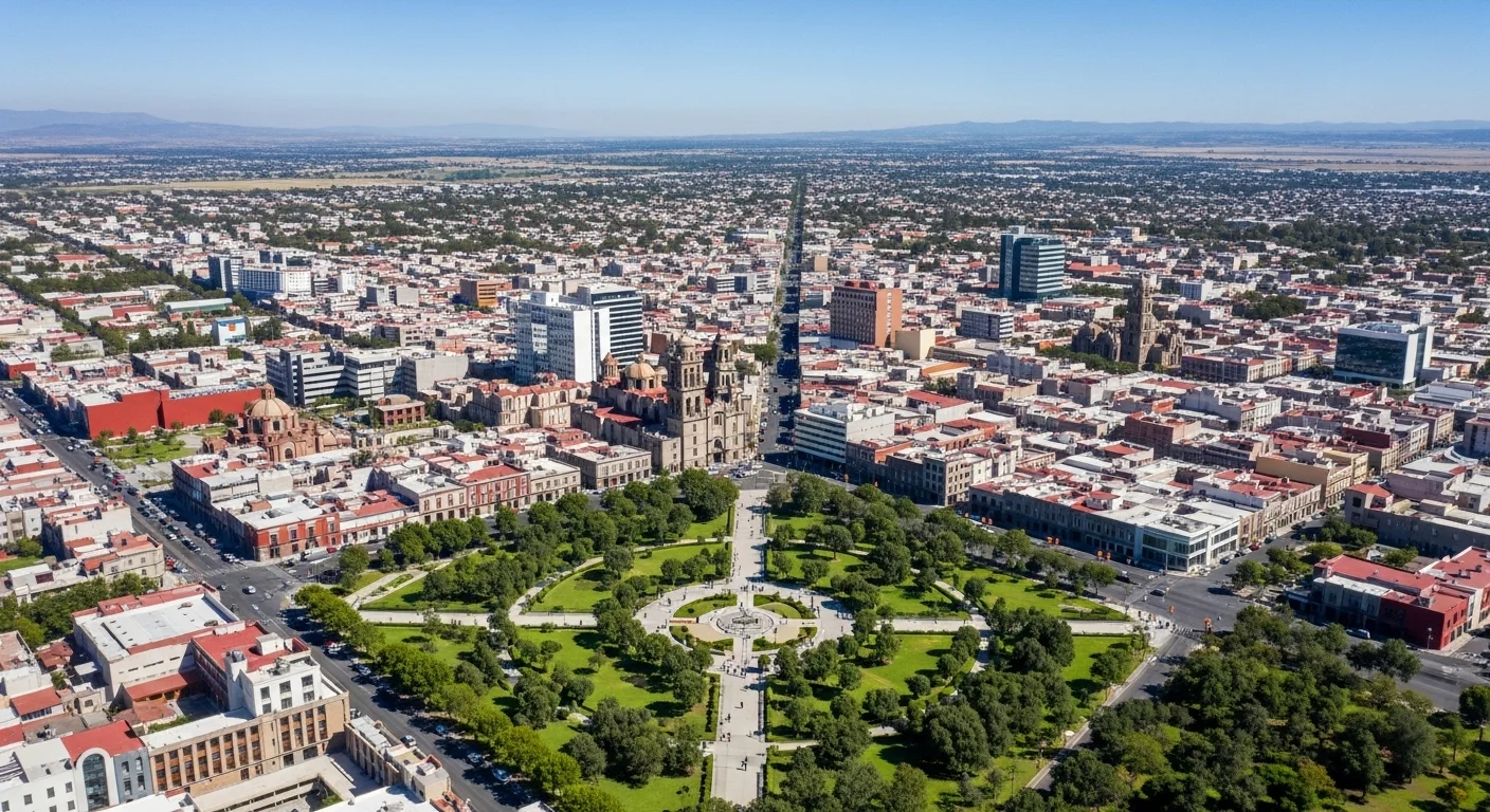 Vista aérea de una ciudad mexicana con una mezcla de urbanización y áreas verdes, representando los municipios sustentables.