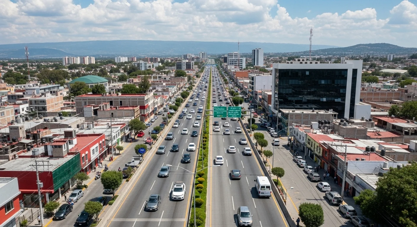 Una carretera federal transitada cruzando por el centro de un municipio mexicano, mostrando la interacción entre vehículos y la vida urbana.