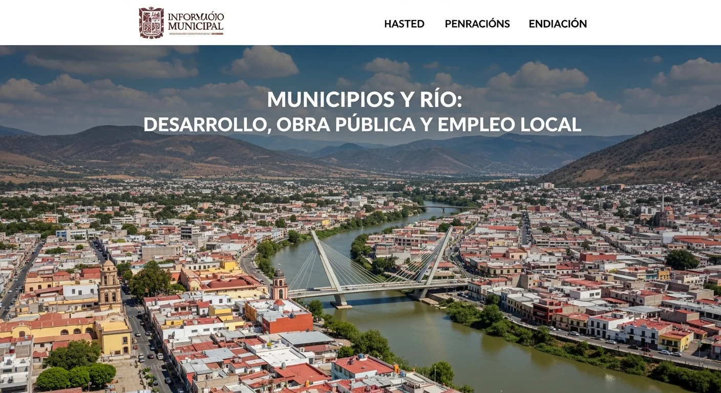 Vista panorámica de un municipio mexicano atravesado por un río, con un puente moderno simbolizando la obra pública y el desarrollo.