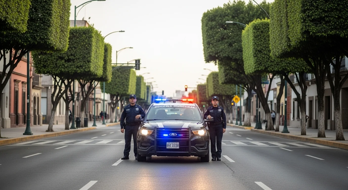 Patrulla de policía municipal mexicana en una calle, simbolizando la seguridad ciudadana en los municipios.