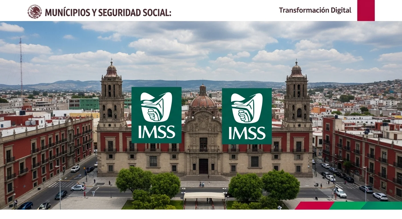 Palacio municipal mexicano con logos superpuestos del IMSS, simbolizando la alianza entre municipios y la Seguridad Social.
