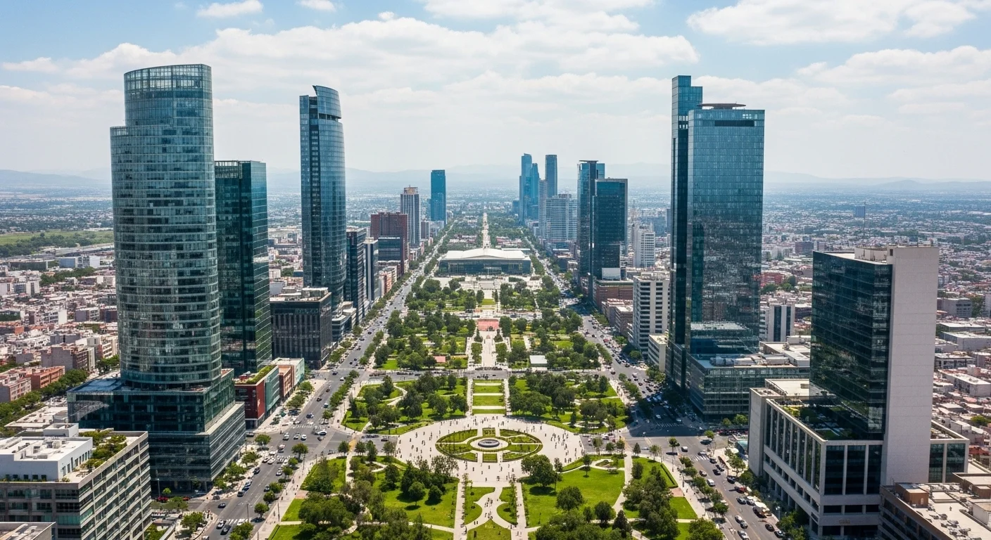 Vista aérea de una ciudad mexicana con áreas verdes y edificios modernos, simbolizando el desarrollo urbano sustentable en los municipios.