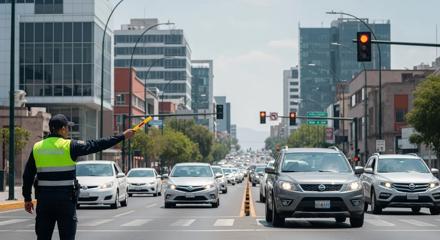 Agente de tránsito dirigiendo el tráfico en una concurrida avenida de un municipio mexicano, con edificios modernos y coches en movimiento.