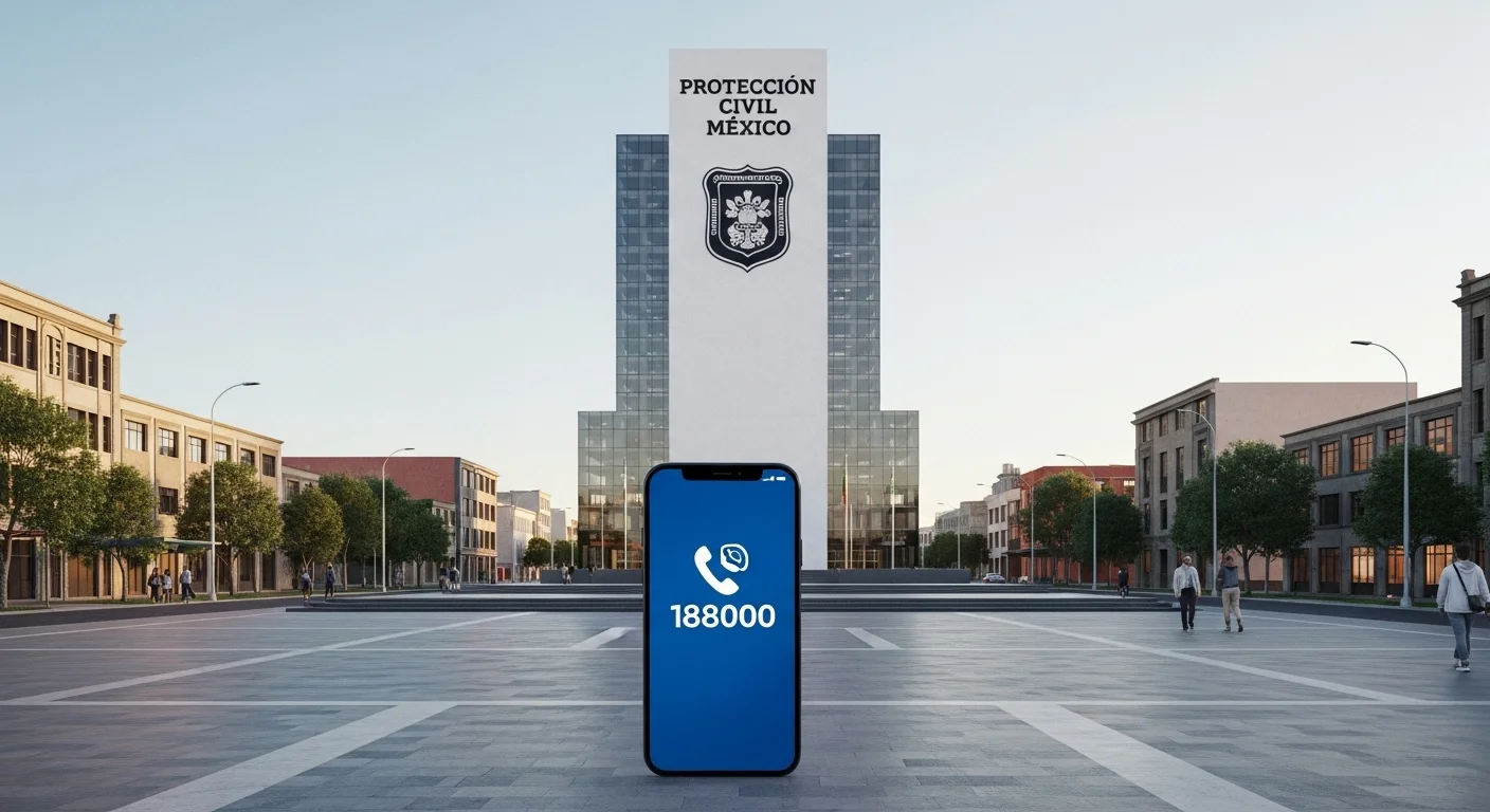 Una imagen mostrando el logo de Protección Civil de México y un teléfono, simbolizando el número de teléfono de emergencia en los municipios.