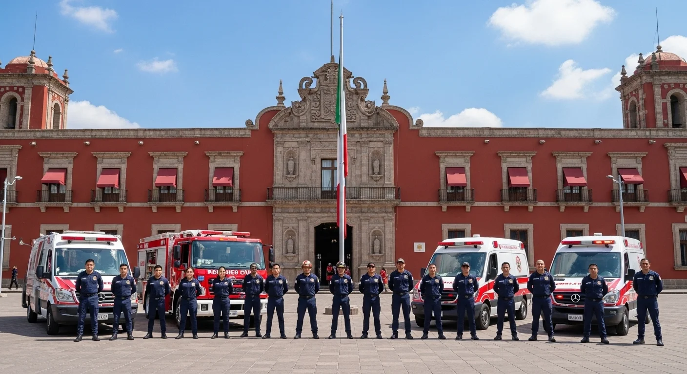 Unidad de Protección Civil municipal con personal y vehículos de emergencia frente a un palacio municipal en México, simbolizando el numero proteccion civil.