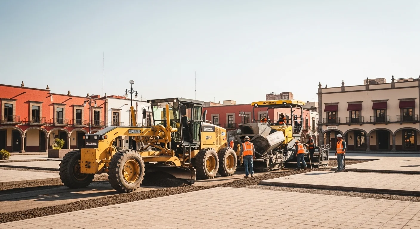 Maquinaria de construcción trabajando en una obra pública en una ciudad mexicana, simbolizando el desarrollo de los municipios.