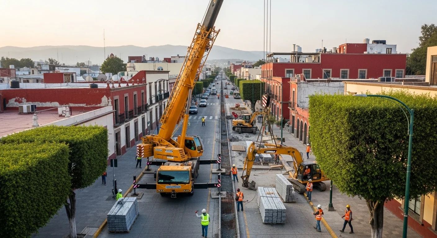 Maquinaria de construcción trabajando en una calle de un municipio, representando las obras públicas 2024.