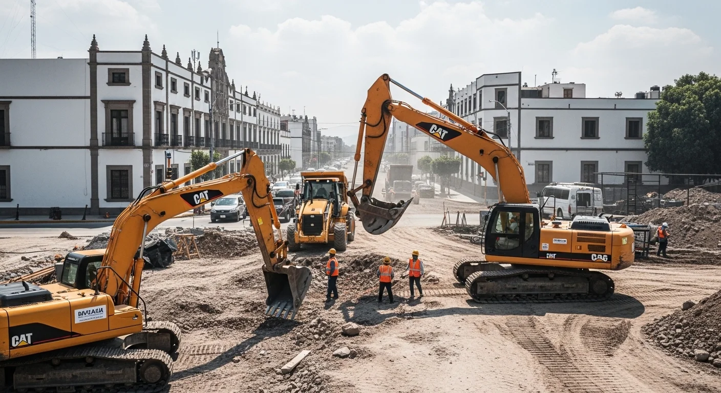 Maquinaria pesada trabajando en la construcción de una nueva avenida en un municipio de México, simbolizando las obras públicas.