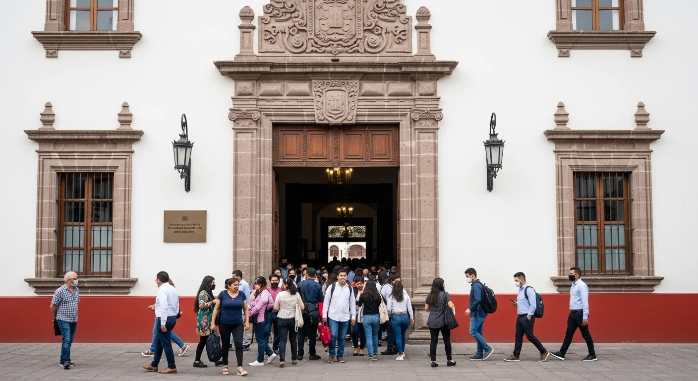 Fachada de un palacio municipal mexicano con ciudadanos entrando, representando la búsqueda de ofertas de empleo en los municipios.
