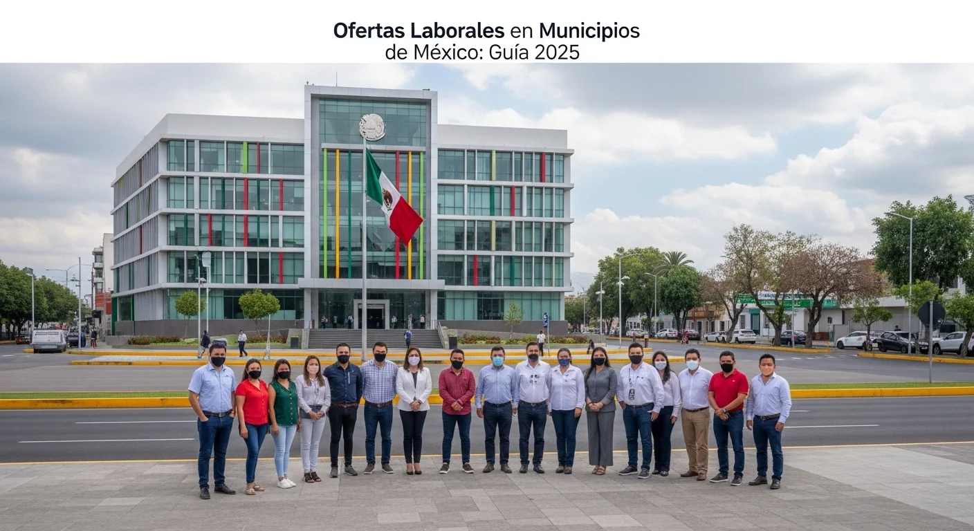 Un edificio de gobierno municipal mexicano con ciudadanos al frente, simbolizando las ofertas laborales en los municipios.