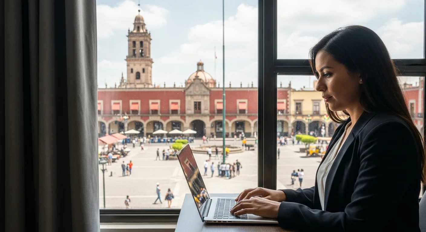 Persona trabajando desde casa con una vista de un centro de municipio mexicano, simbolizando las ofertas teletrabajo en los municipios.