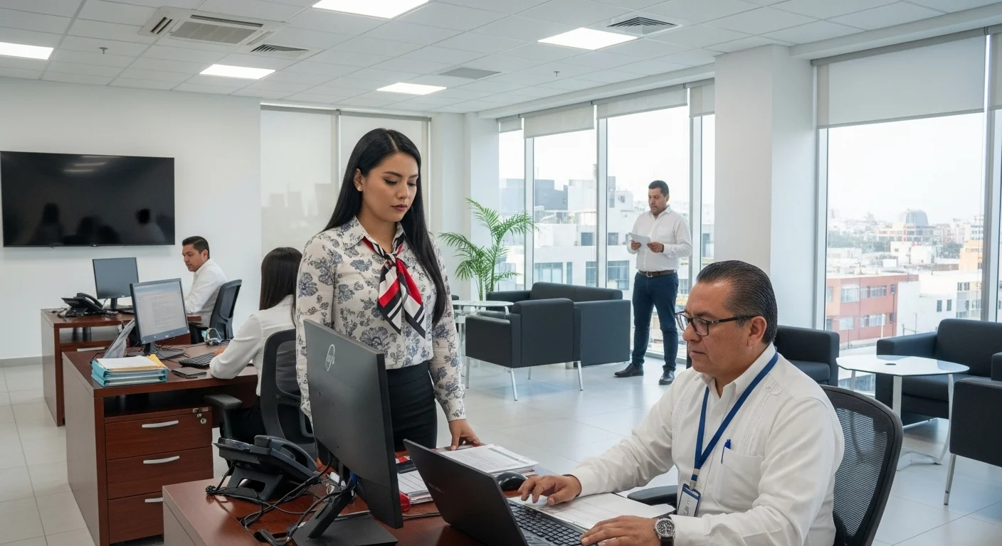 Oficina moderna dentro de un ayuntamiento mexicano, con personal colaborando en trabajos de auxiliar administrativo y gestión pública.