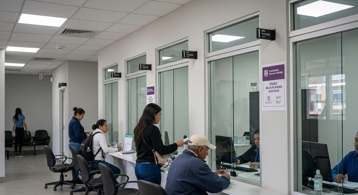 Interior de una oficina gubernamental de Recaudación de Rentas en un municipio de Baja California, con ciudadanos realizando trámites de Baja Placas.