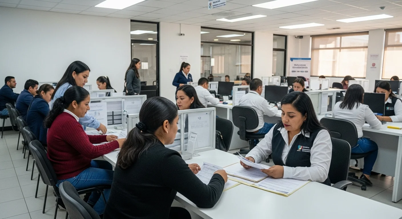 Interior de una oficina de gobierno municipal en México, con ciudadanos realizando trámites para la licencia de conducir, reflejando la gestión local del examen teórico.