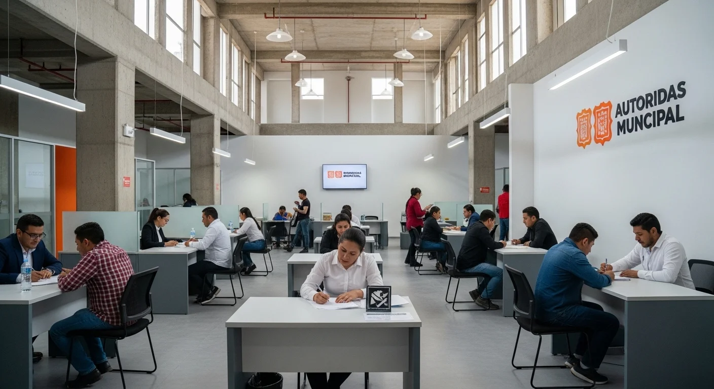 Interior de una oficina de tránsito municipal en México, con ciudadanos realizando trámites para obtener su licencia de conducir.