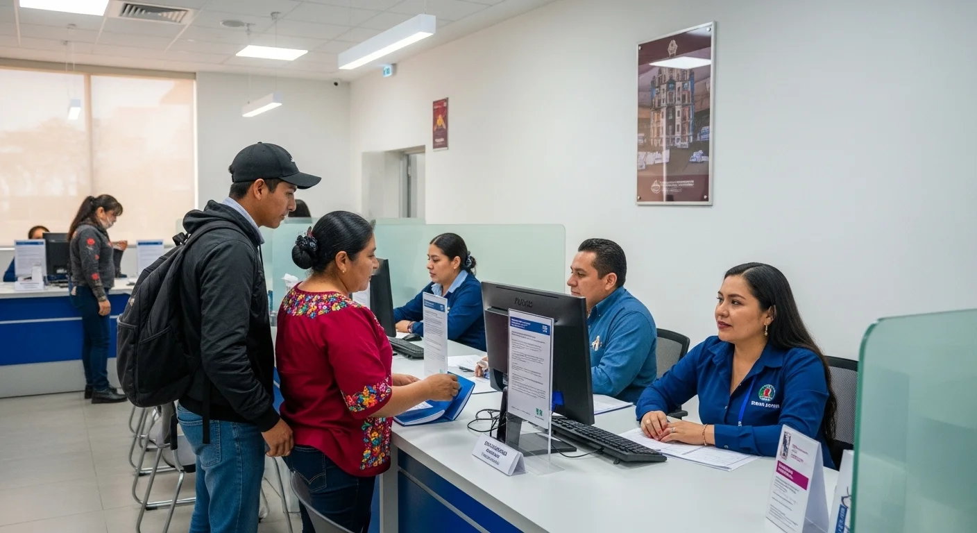 Interior de una oficina de control vehicular en un municipio mexicano, con ciudadanos realizando trámites de alta de vehículo