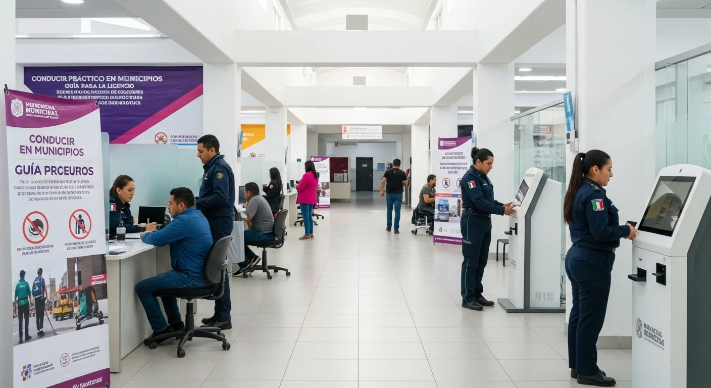 Interior de una oficina de tránsito en un ayuntamiento de México, con ciudadanos realizando trámites para la licencia de conducir.