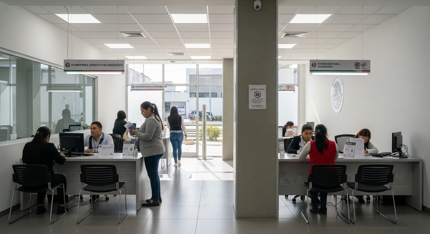 Oficina de tránsito de un municipio en México donde ciudadanos realizan trámites para el examen para conducir.