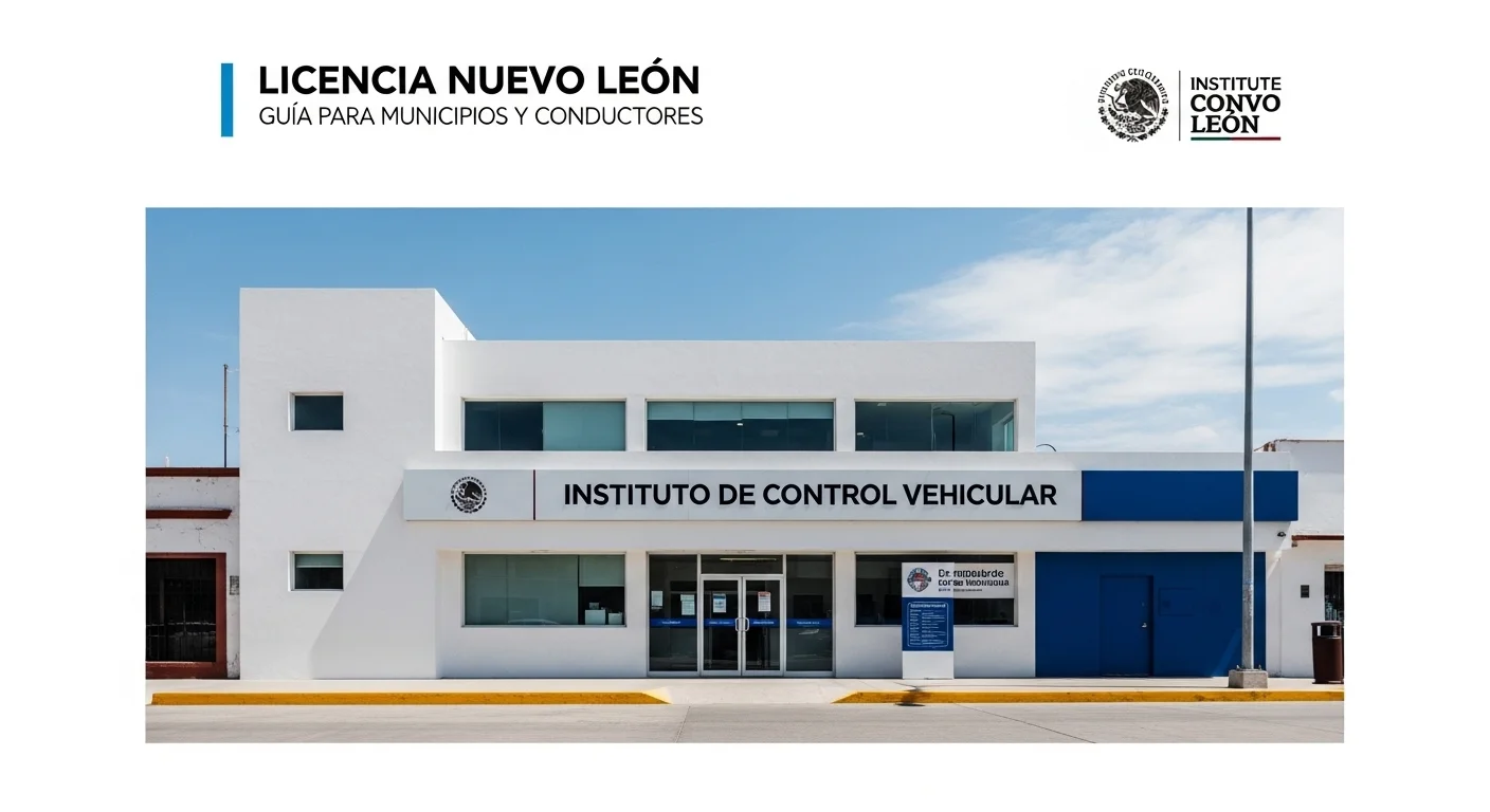 Fachada de una delegación del Instituto de Control Vehicular en un municipio de Nuevo León, donde se realiza la renovación de licencias.