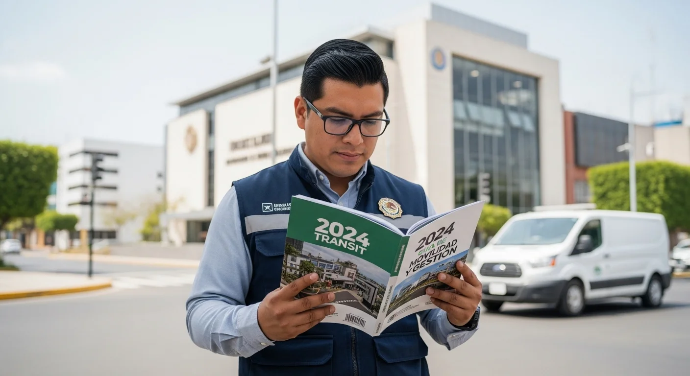 Un trabajador de un ayuntamiento mexicano estudiando el manual de tránsito 2024, con una Ford Transit de fondo, destacando la importancia de la capacitación.