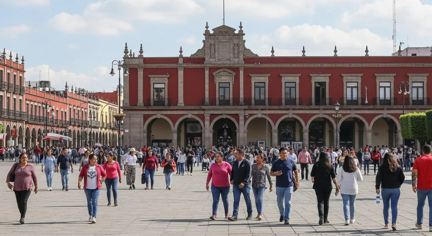Una plaza pública en un municipio mexicano con ciudadanos caminando, simbolizando la actividad económica y las oportunidades de empleo hoy.