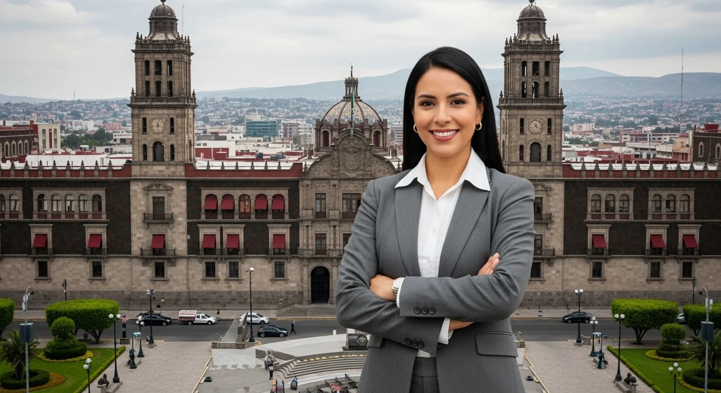 Mujer profesional sonriendo con el palacio municipal de una ciudad mexicana al fondo, simbolizando las oportunidades en los municipios para mujeres.