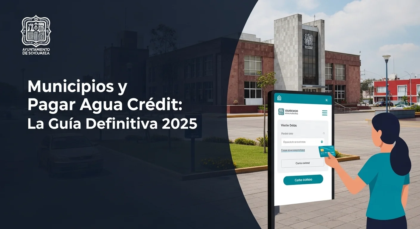 Ciudadano realizando el pago de agua con tarjeta de crédito en un portal web municipal con el logo de un ayuntamiento mexicano de fondo.