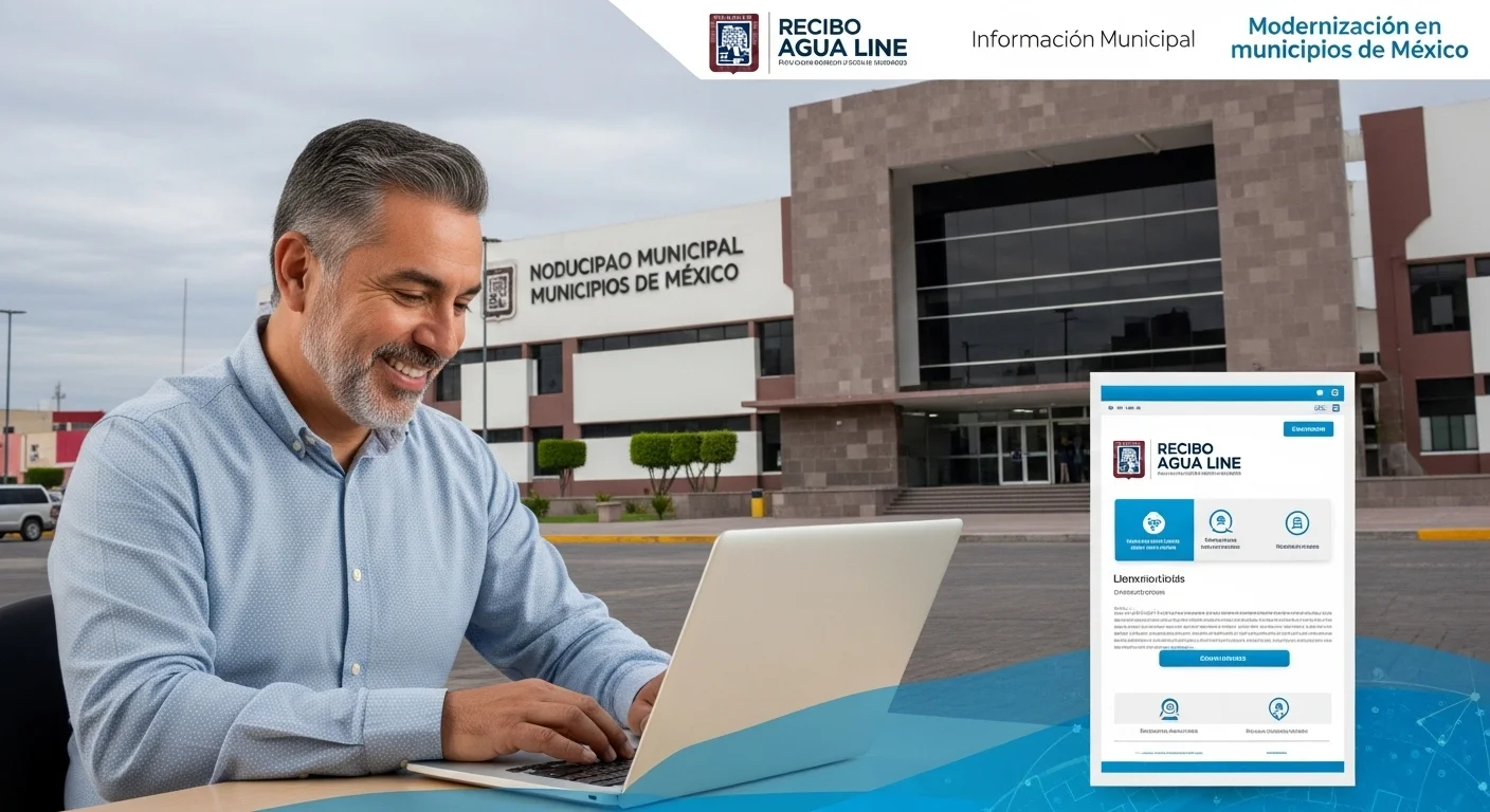Ciudadano utilizando una laptop para consultar su recibo de agua en linea en el portal de un municipio mexicano, con el logo del ayuntamiento visible.