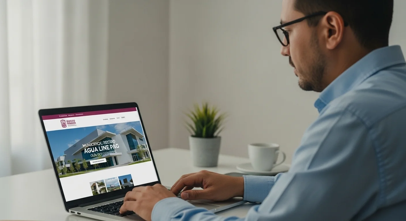 Ciudadano utilizando una laptop para acceder al portal de Recibo Agua Line Pag de su municipio en México, con el logo del ayuntamiento visible.
