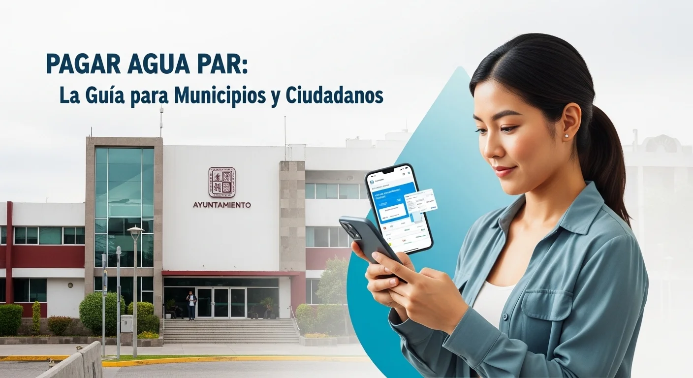Una persona utilizando una aplicación para pagar el agua en su celular, con el logo de un ayuntamiento mexicano al fondo.