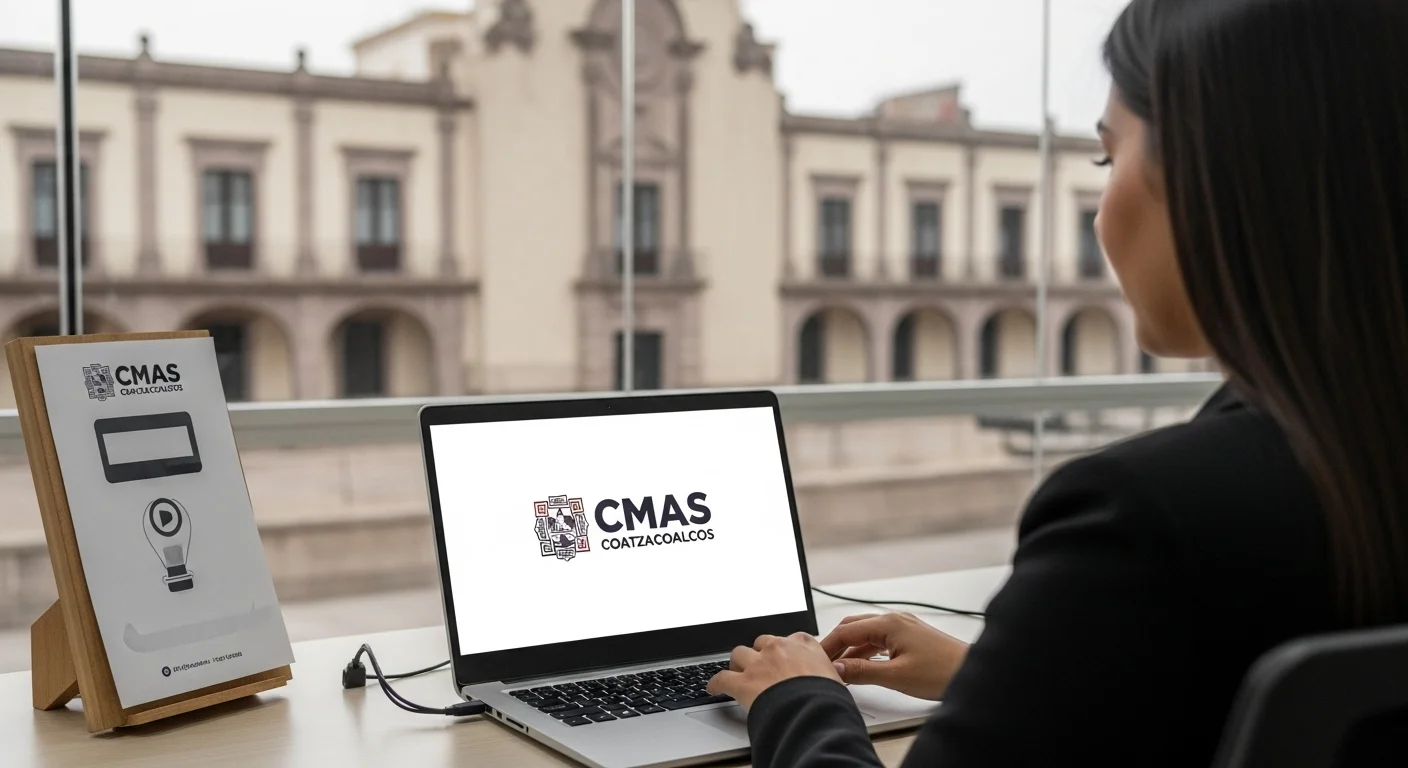 Una persona utilizando una laptop para pagar cmas en linea, con el logo de CMAS Coatzacoalcos en la pantalla, representando la modernización digital.